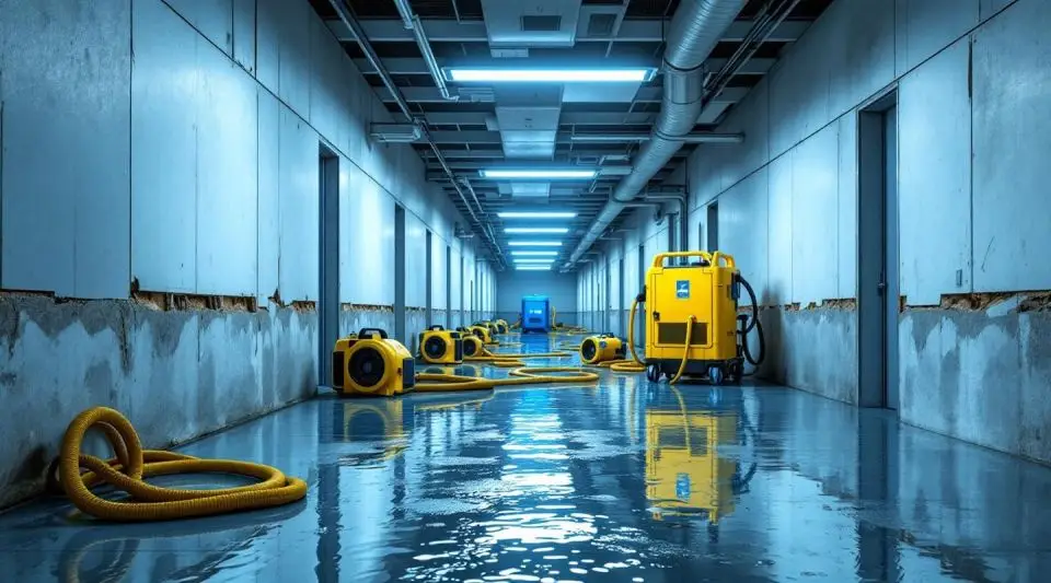 Industrial air movers drying a flooded commercial warehouse floor