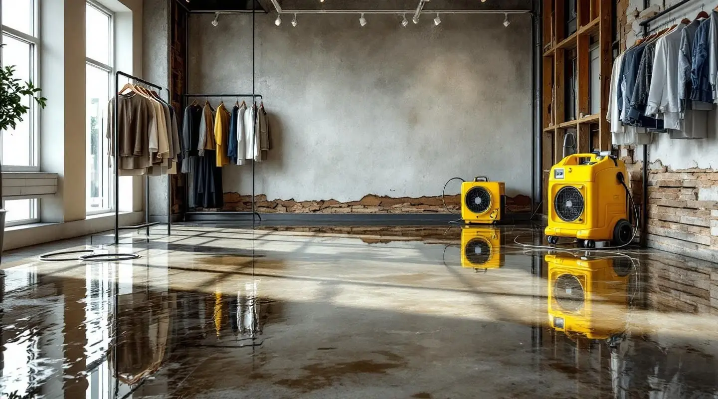 Flooded retail store aisle with water damage restoration technicians beginning water extraction