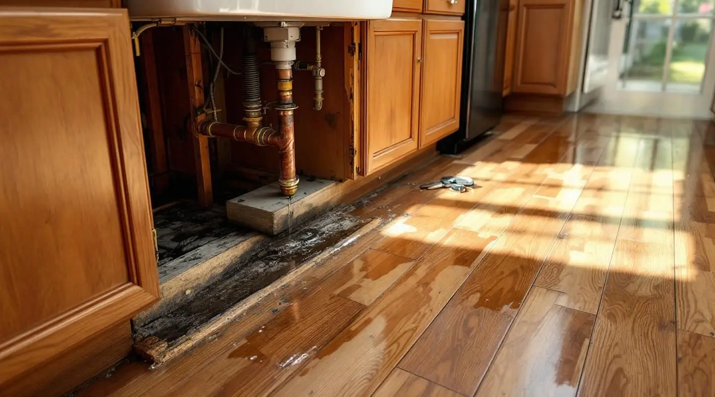 Flooded kitchen floor with water extraction equipment running in a Modesto home