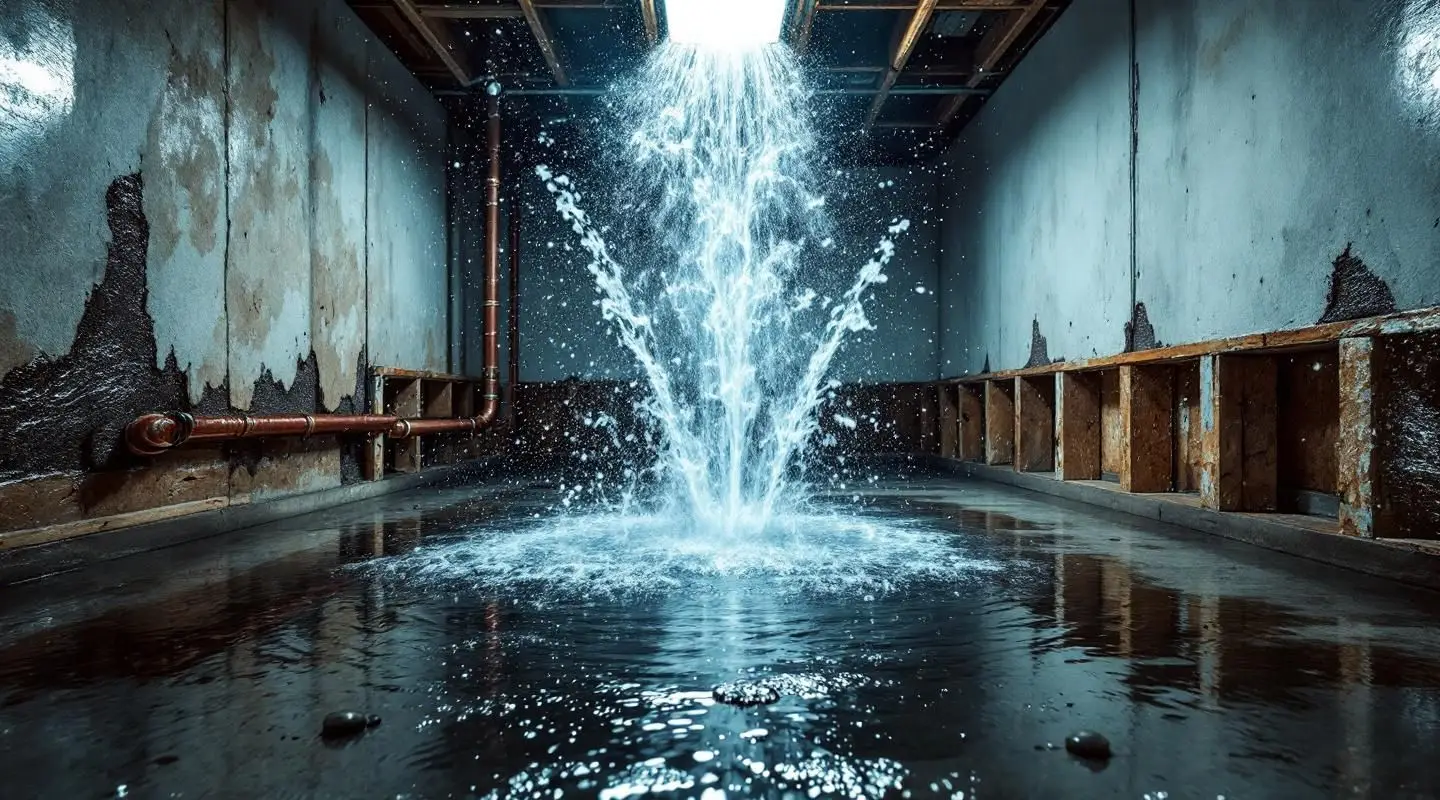 Flooded kitchen floor from a burst pipe with water extraction equipment visible