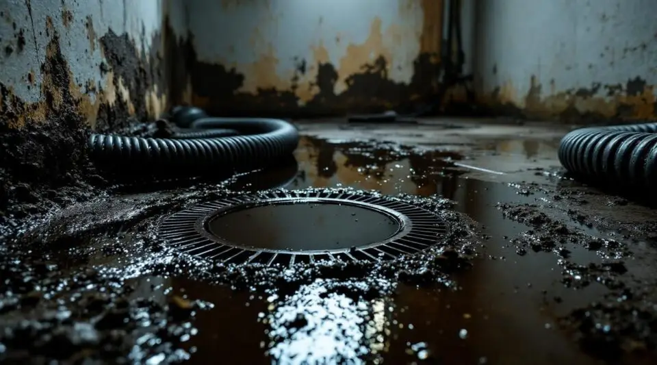 A flooded basement with dark, contaminated water from a sewage backup, showing the urgency of cleanup.