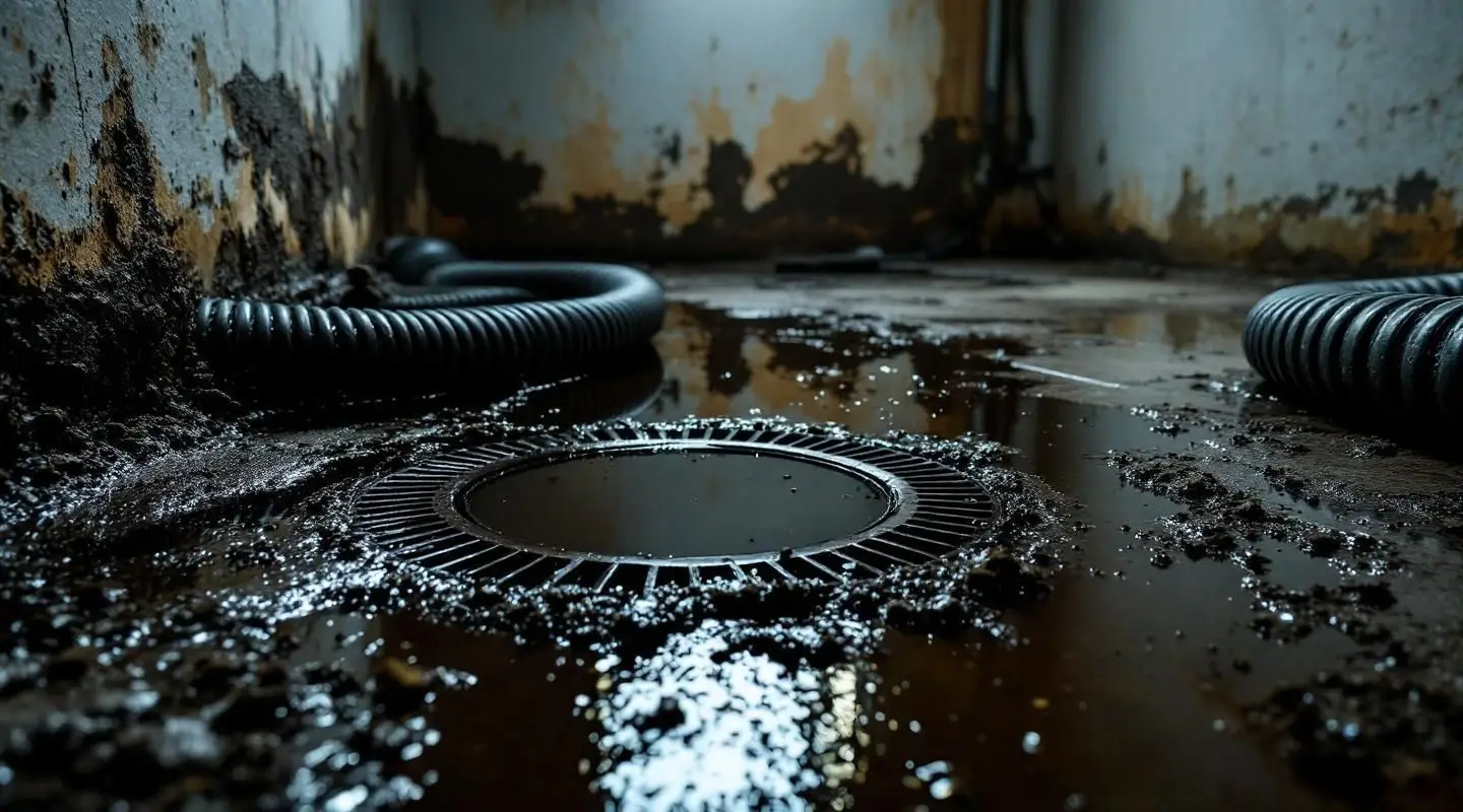 A flooded basement with dark, contaminated water from a sewage backup, showing the urgency of cleanup.