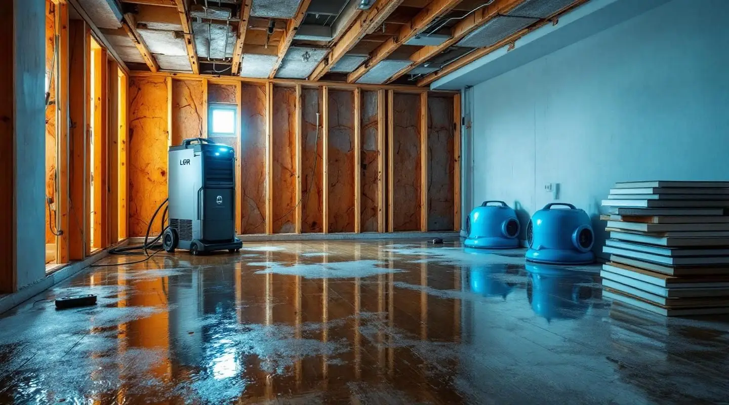 Flooded living room with water extraction equipment running in a Modesto home