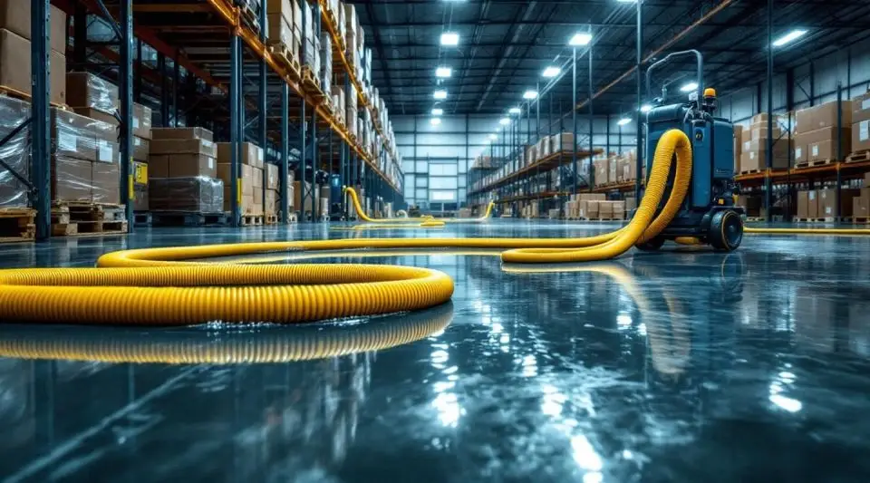 Industrial water extraction equipment removing standing water from a large warehouse floor