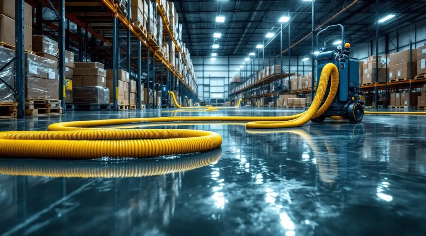 Industrial water extraction equipment removing standing water from a large warehouse floor