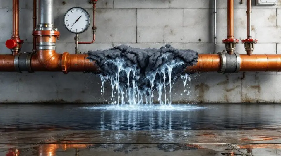Commercial building interior with active water leak from a burst pipe, water pooling on the floor