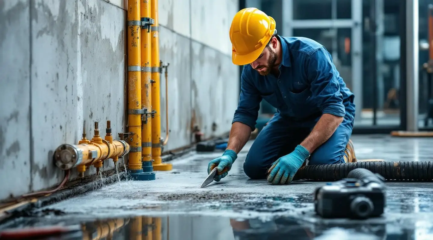 Hotel lobby with water damage being assessed by restoration technicians