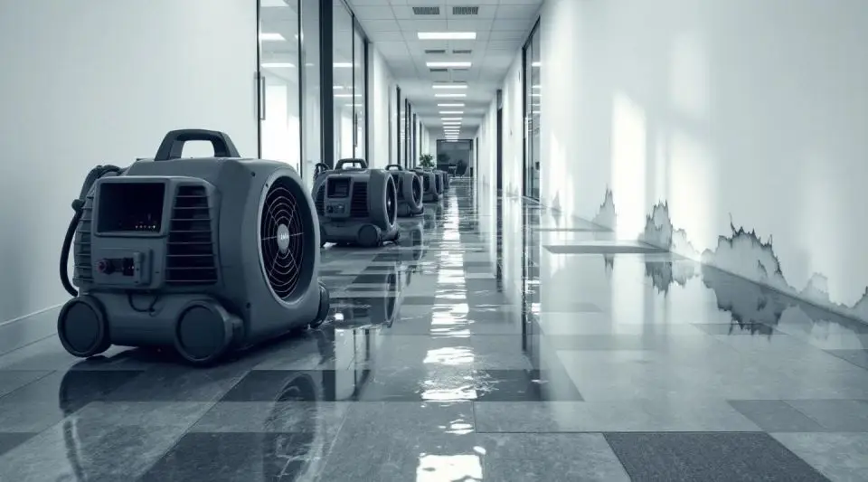 Flooded commercial office hallway with water extraction equipment running