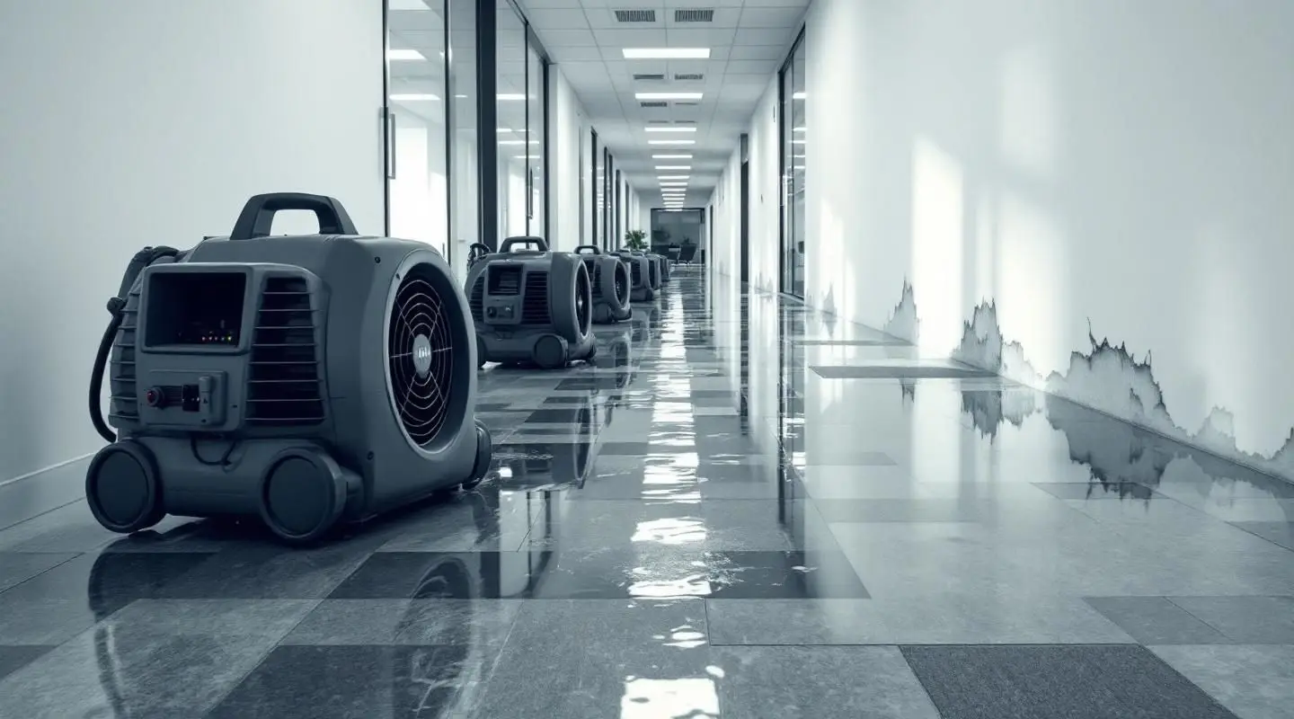 Flooded commercial office hallway with water extraction equipment running