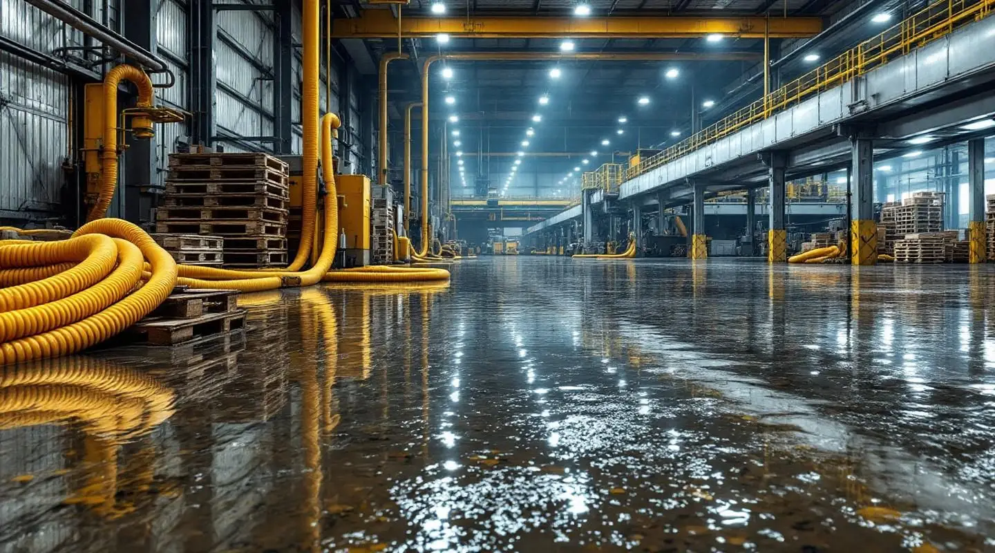 Large industrial facility with water extraction equipment and technicians in PPE after a flood