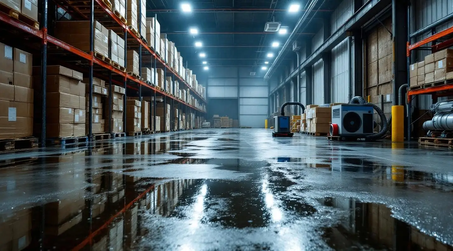Large commercial warehouse interior with standing water on concrete floor and industrial drying equipment