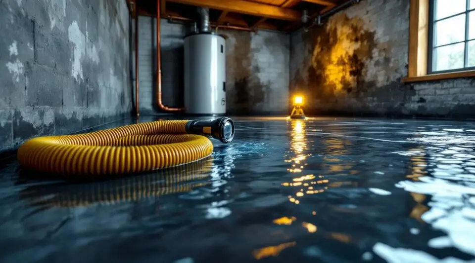 Flooded living room with industrial water extraction equipment running and a technician inspecting moisture levels
