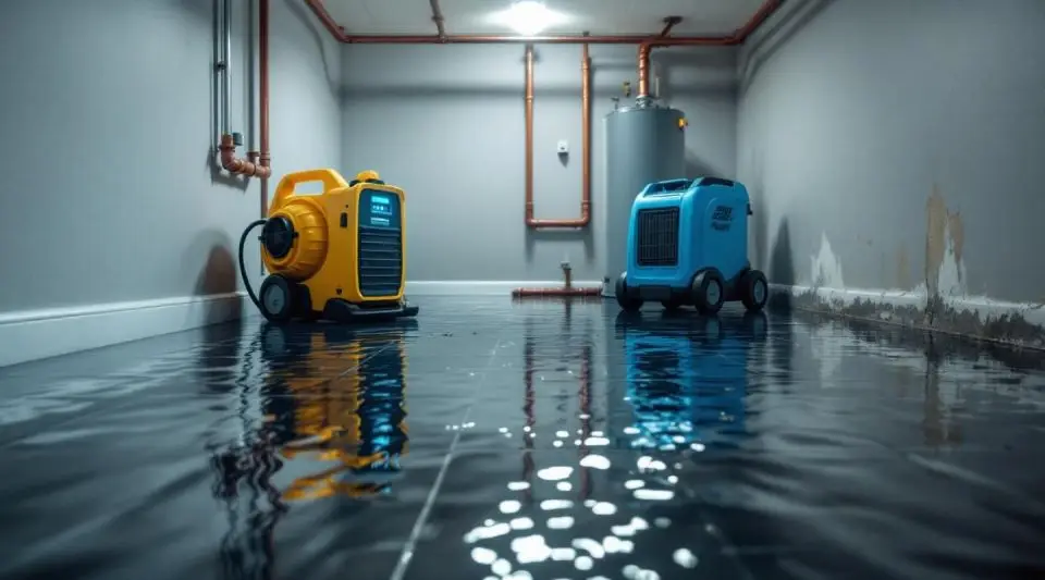 Technicians extracting water from a flooded living room in an Modesto home